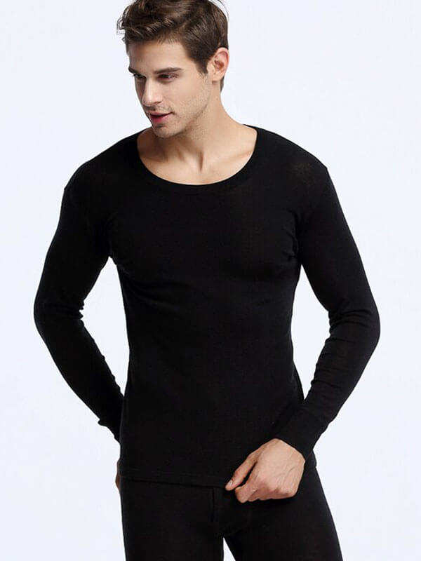 Warm Men's 100% Merino Wool Thermal Underwear Set SF1060. Ideal for cold weather, comfortable and stylish in black.